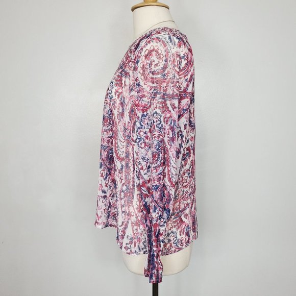 Belle & Sky Blue Red Cream Semi Sheer Pullover Top w/Shirring, L - Picture 4 of 10